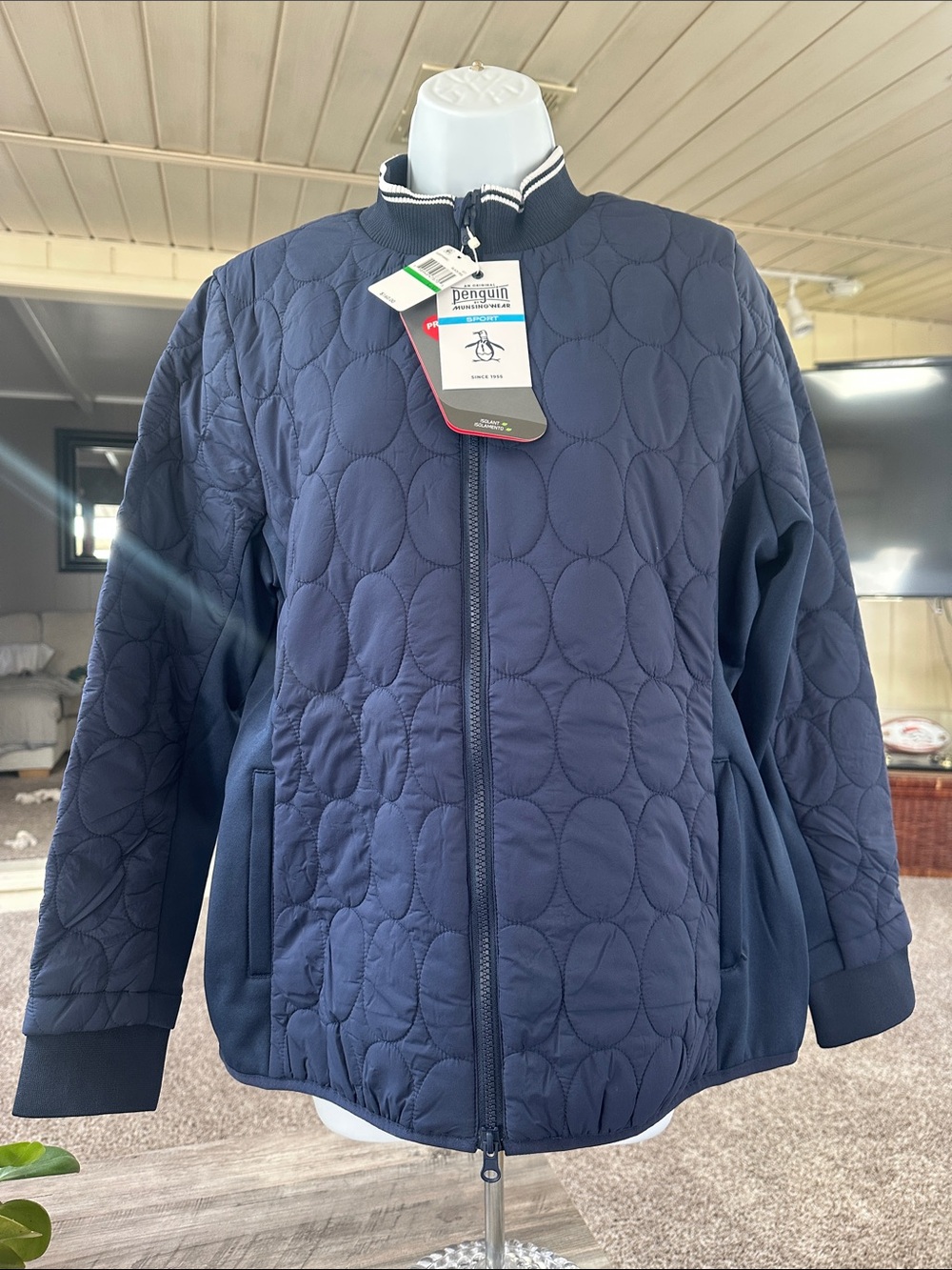 Original Penguin Quilted Navy Zip Jacket with Ribbed Collar